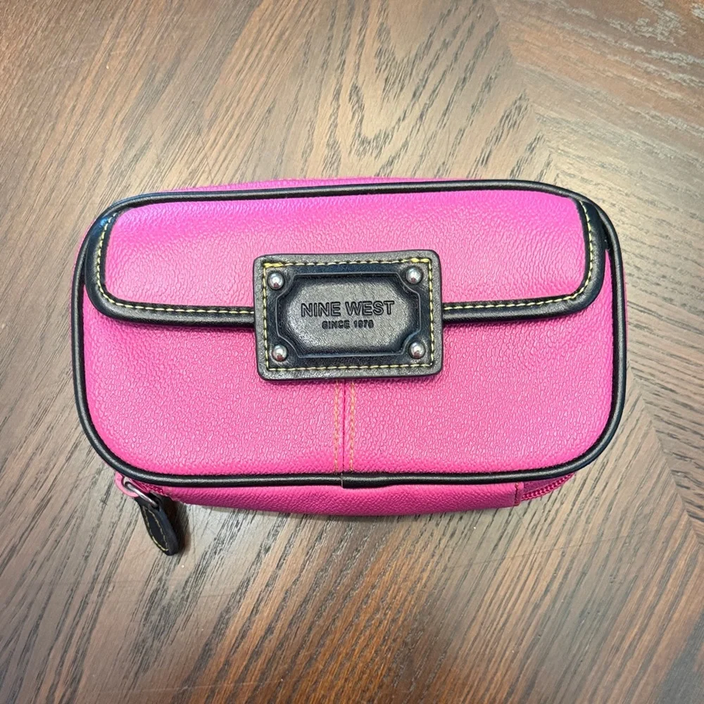 Nine West Hot Pink Cosmetic Makeup Bag Travel Organizer Black Trim
